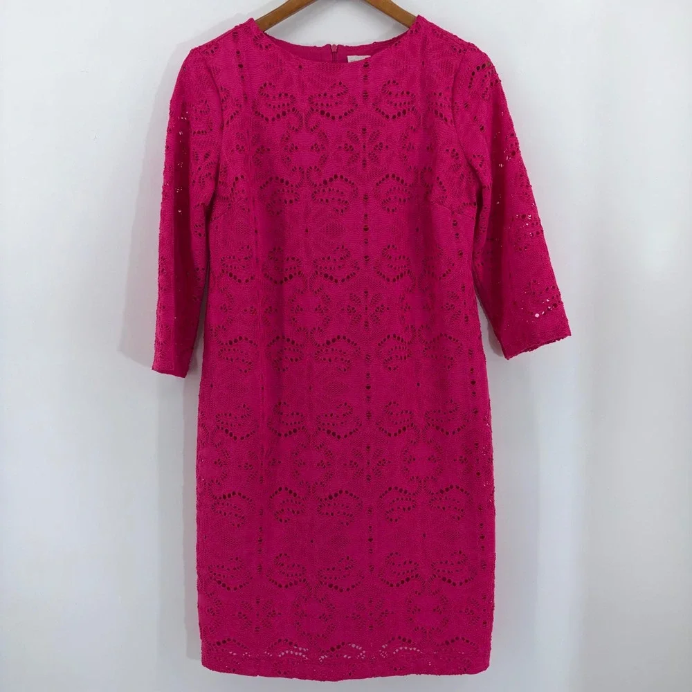 Chicos Pink Eyelet Lace Sheath Dress 3/4 Sleeve Size 00 XS Hot Pink Geometric